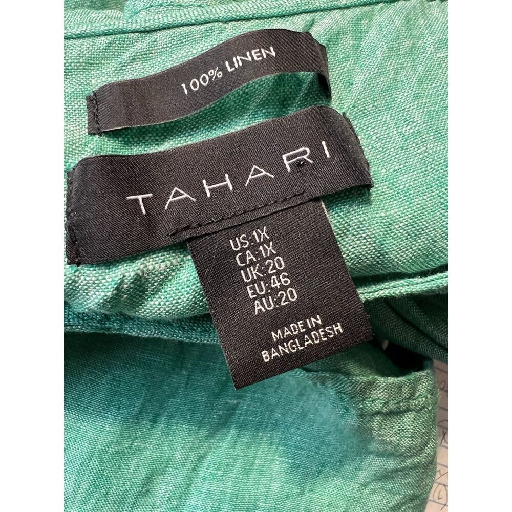 Tahari 100% Linen Tunic Top 1X Green Button Front Roll Tab Sleeve EUC - Picture 9 of 9
